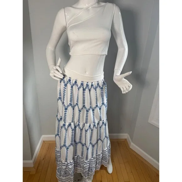 Commense Boho Blue & White Embroidered Maxi Skirt Flowing Tiered Summer Skirt S - Picture 6 of 10